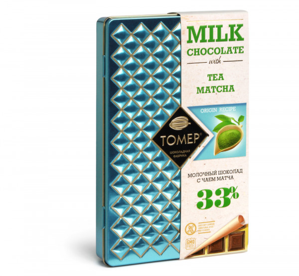 №1 Фабрика Томер металлический бокс Молочный шоколад с чаем МАТЧА ,33%  90г в Саяногорске